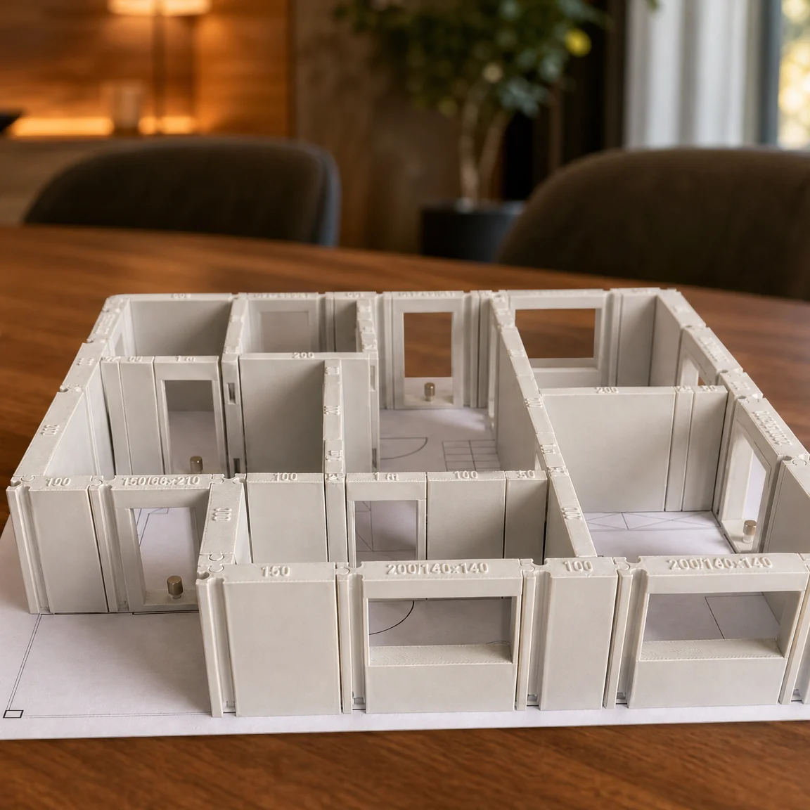 Grundriss-Modell aus weißen HeimelBAU Wandmodulen auf einem Holztisch