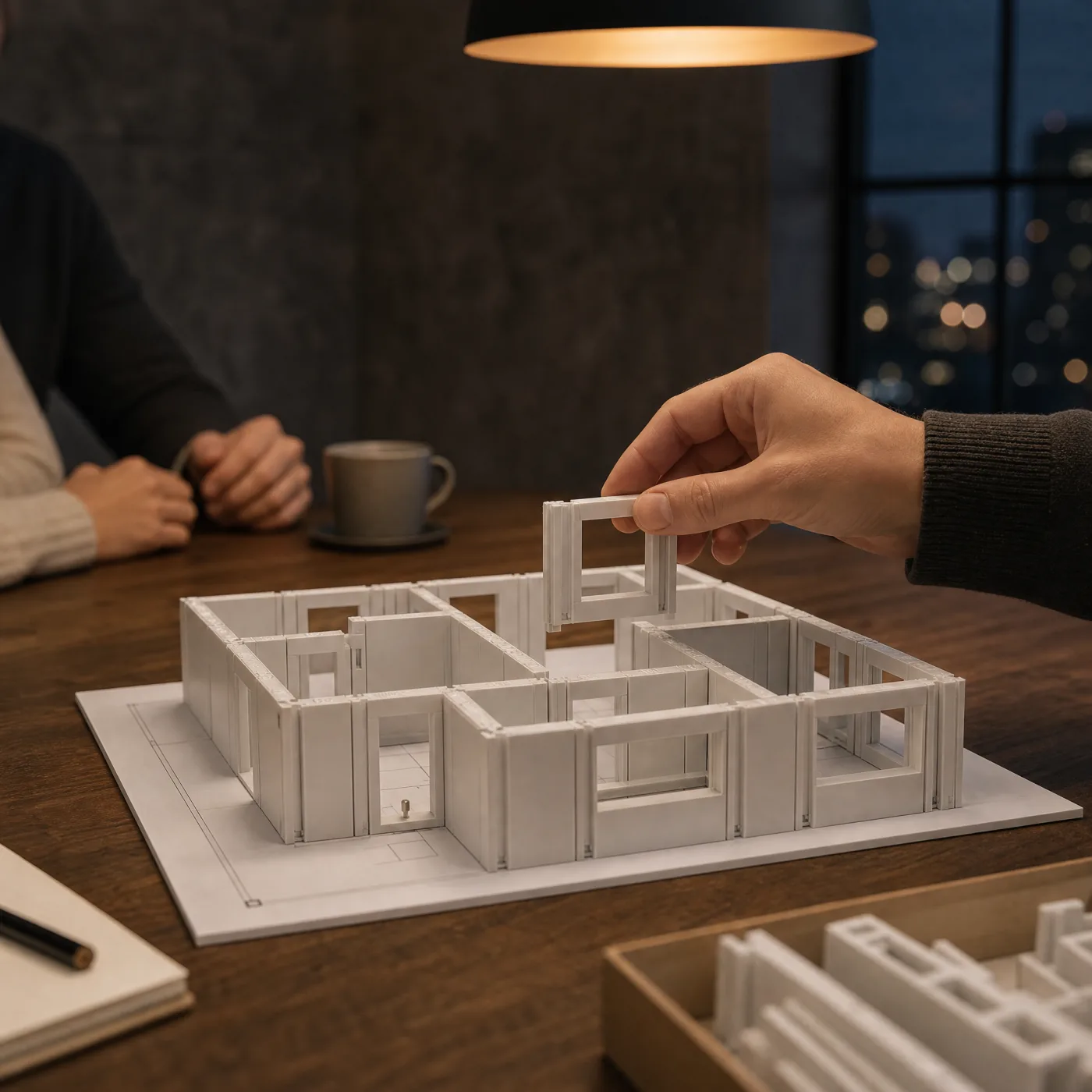 Im Architekturbüro setzt eine Hand ein Wandmodul in den Grundriss, die Bauherren sitzen gegenüber