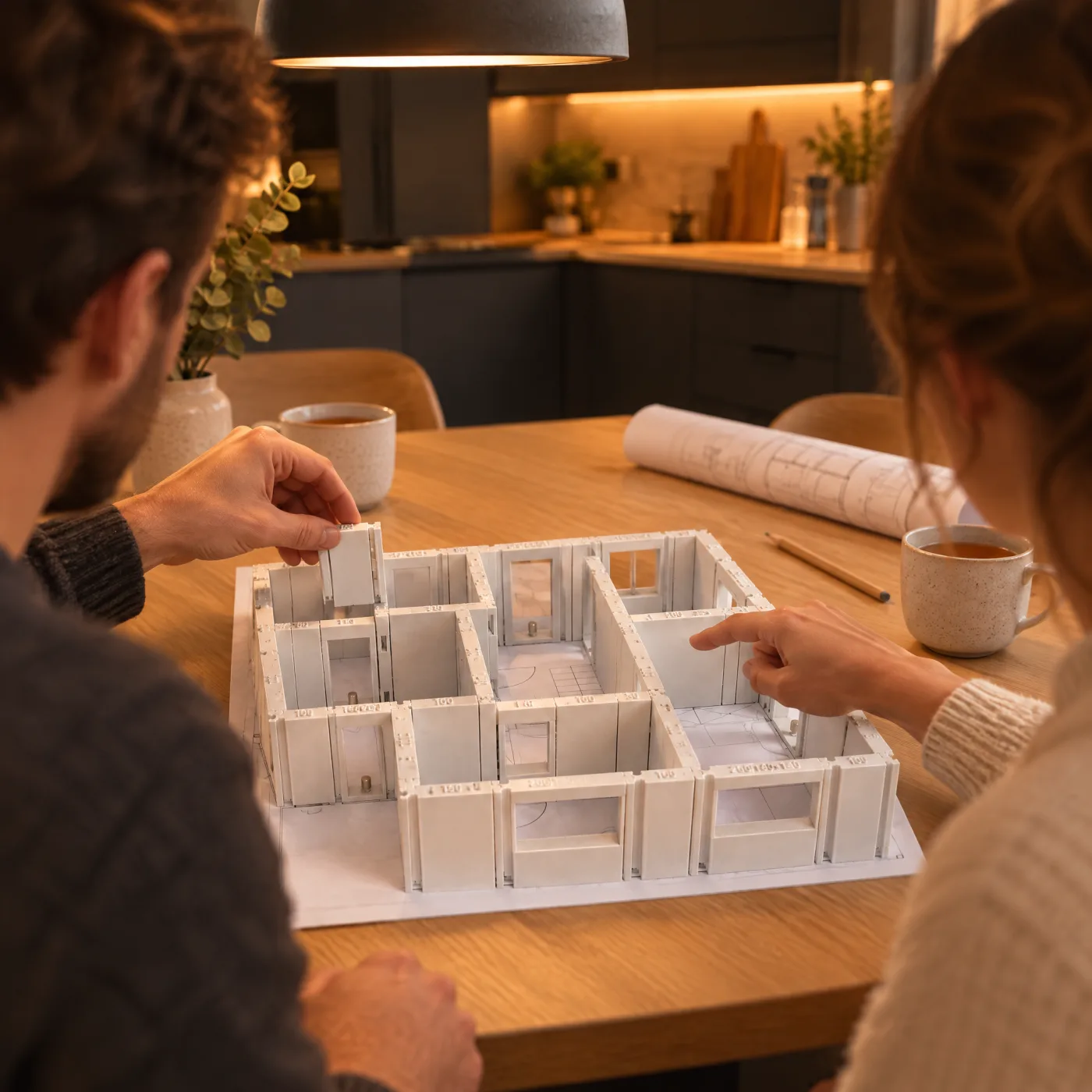 Ein Paar baut am eigenen Küchentisch den Grundriss seines künftigen Hauses mit dem Baukasten auf
