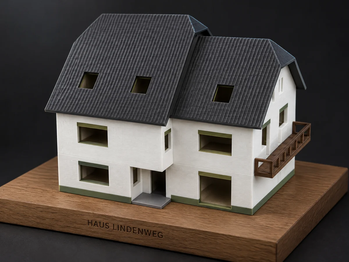 HeimelBAU Signature: Modellhaus auf geölter Eichenplatte mit Gravur