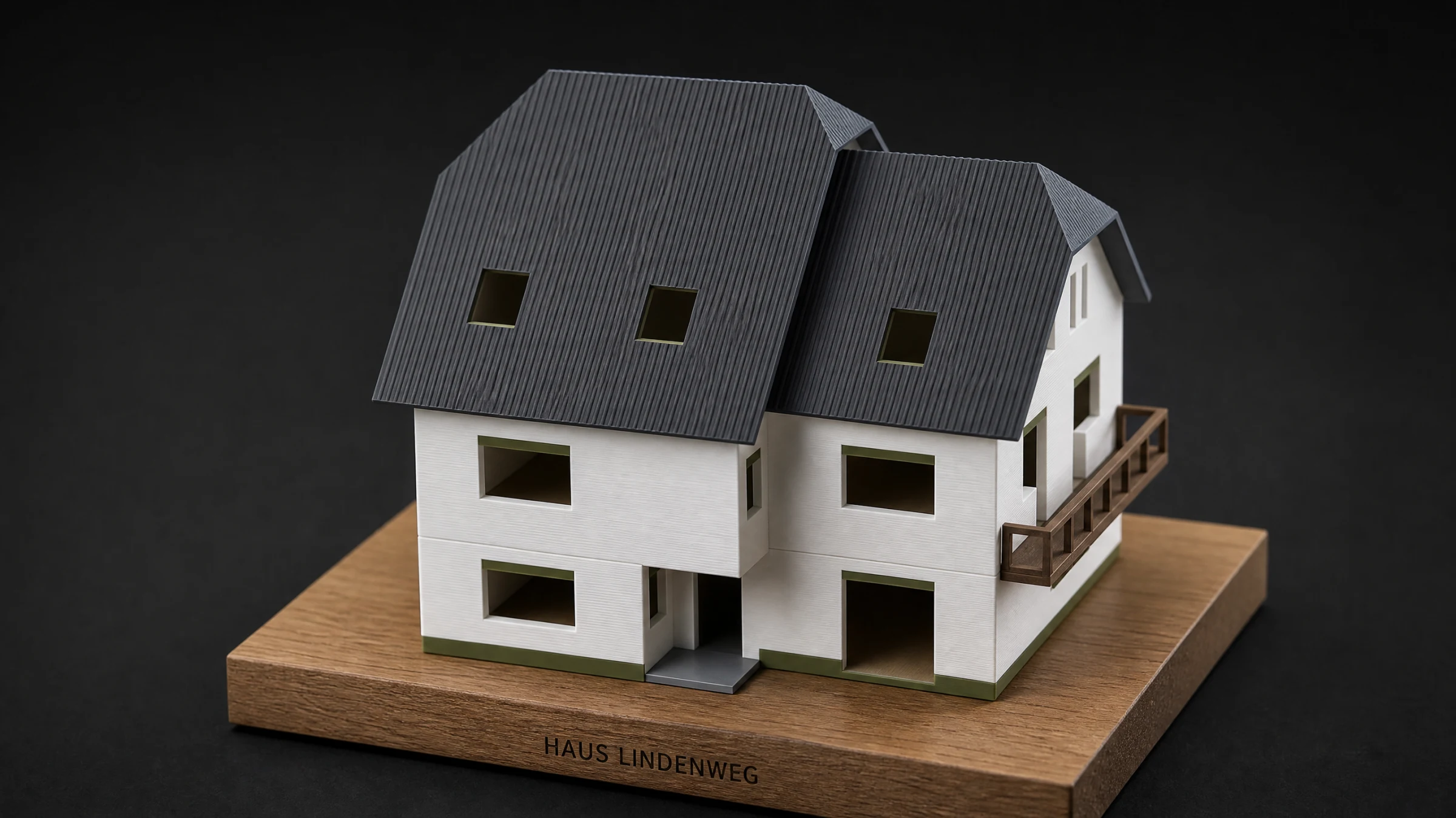 HeimelBAU Signature: Modellhaus mit dunklem Dach auf gravierter Holzplatte