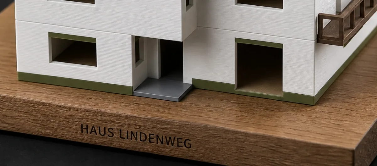 Detail: gelaserte Gravur auf der geölten Holzplatte unter dem Modellhaus